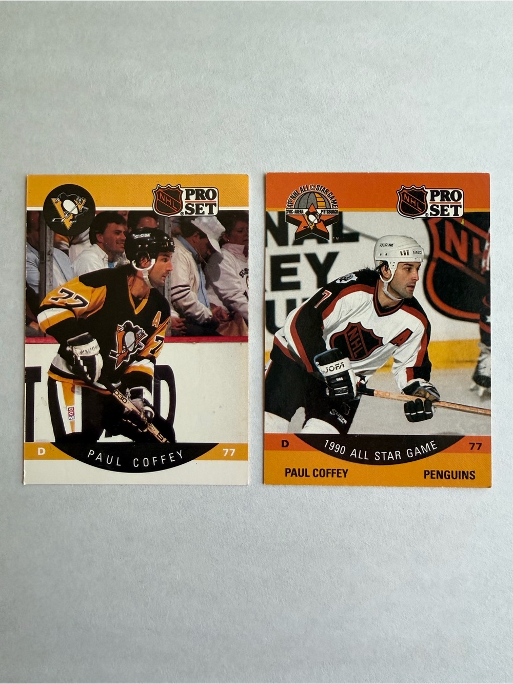 Paul Coffey Penguins Pro Set NHL Hockey Card and 1990 All Star Game card